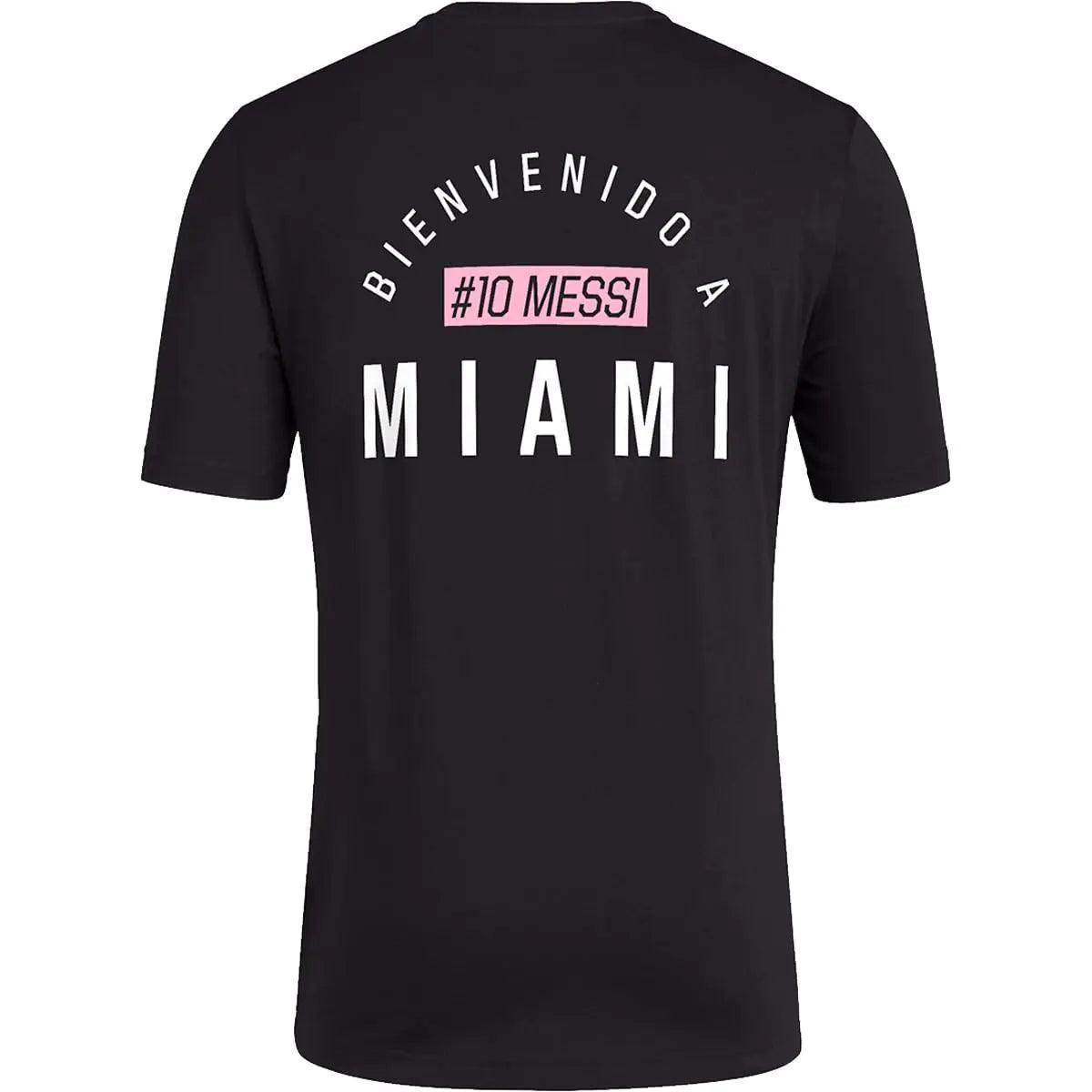 adidas Mens Soccer Messi X Miami Bienvenido a Miami Tee - Classic Relax Fit with Messi Graphic Logo and #10 Available in Black & White (Small Black) - RizzKings.store