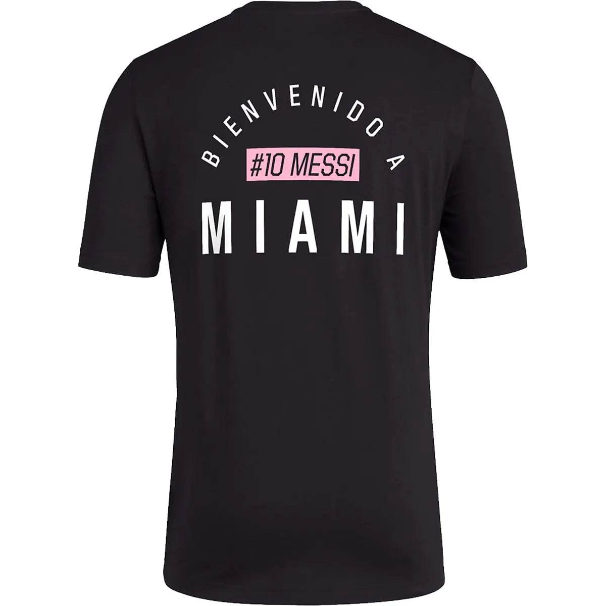 adidas Mens Soccer Messi X Miami Bienvenido a Miami Tee - Classic Relax Fit with Messi Graphic Logo and #10 Available in Black & White (Small Black) - RizzKings.store