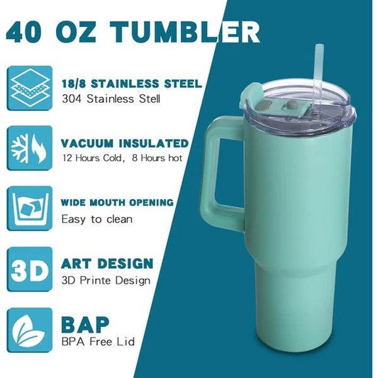 40oz Tumbler With Lid, Starw And Handle, Stainless Steel Vacuum Insulated Water Bottle Travel Mug For Iced Coffee, Hot And Cold Tea - RizzKings.store