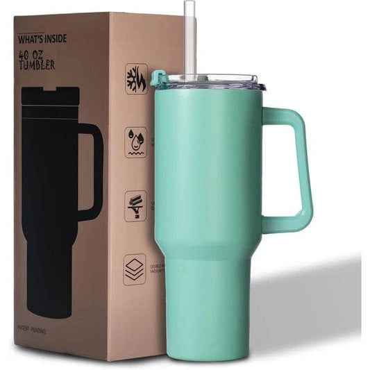 40oz Tumbler With Lid, Starw And Handle, Stainless Steel Vacuum Insulated Water Bottle Travel Mug For Iced Coffee, Hot And Cold Tea - RizzKings.store