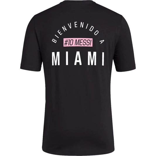 adidas Mens Soccer Messi X Miami Bienvenido a Miami Tee - Classic Relax Fit with Messi Graphic Logo and #10 Available in Black & White (Small Black) - RizzKings.store